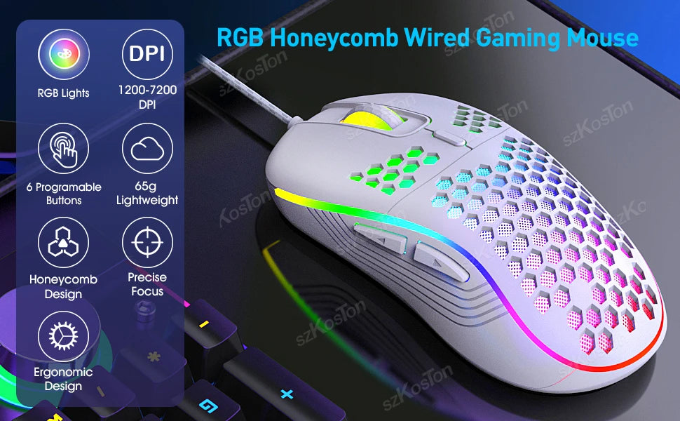 RGB Wired Gaming Mouse — Ergonomic, 6-Level 7200 DPI, Backlight
